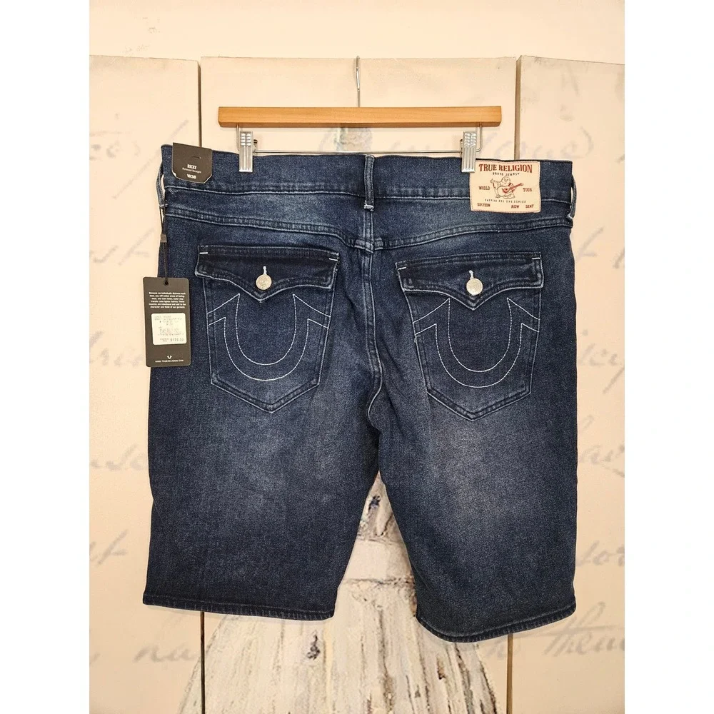 True Religion Ricky Relaxed Straight Denim Shorts‎ Dark Lagoon Wash Mens 38